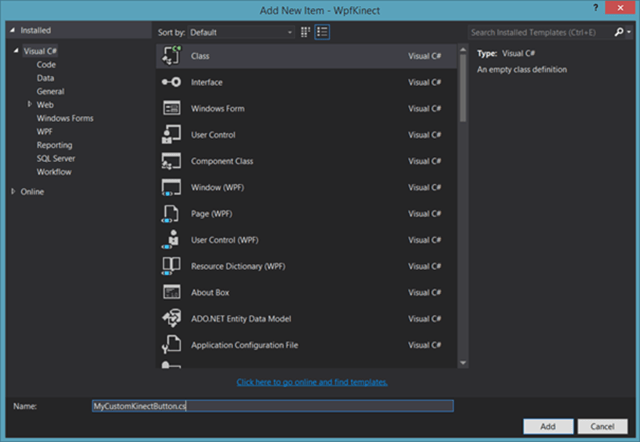 Tela de adição de novos itens do Visual Studio