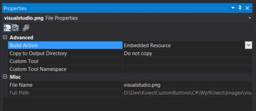 Menu de propriedades da imagem com destaque para a propriedade Build Action